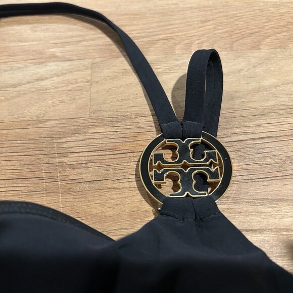 TORY BURCH Sz M Black One Shoulder One Piece Swimsuit Bathing Suit with Logo - Picture 4 of 9